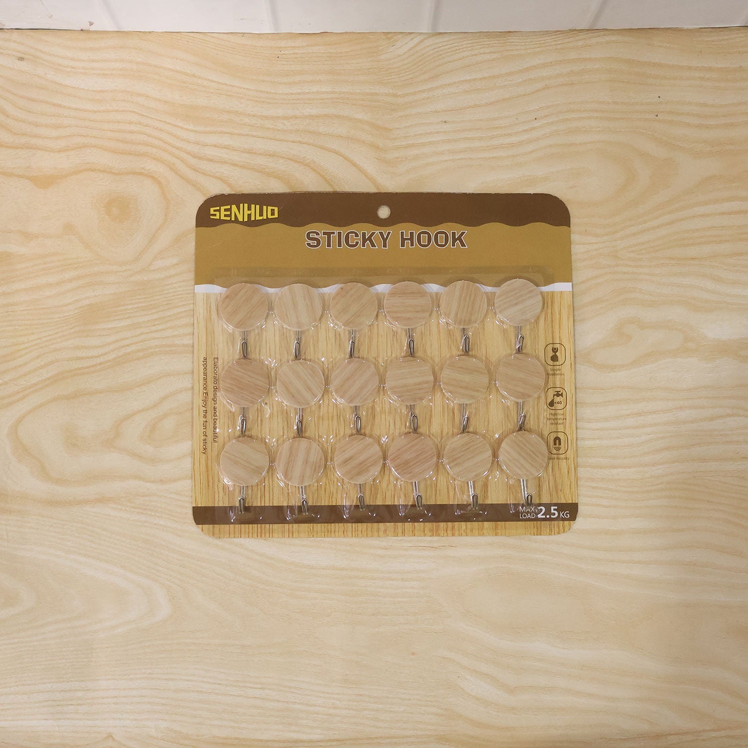 Self Adhesive Wall Hooks Strong Sticky Wooden Look Hanger No Drill (18 Pc)