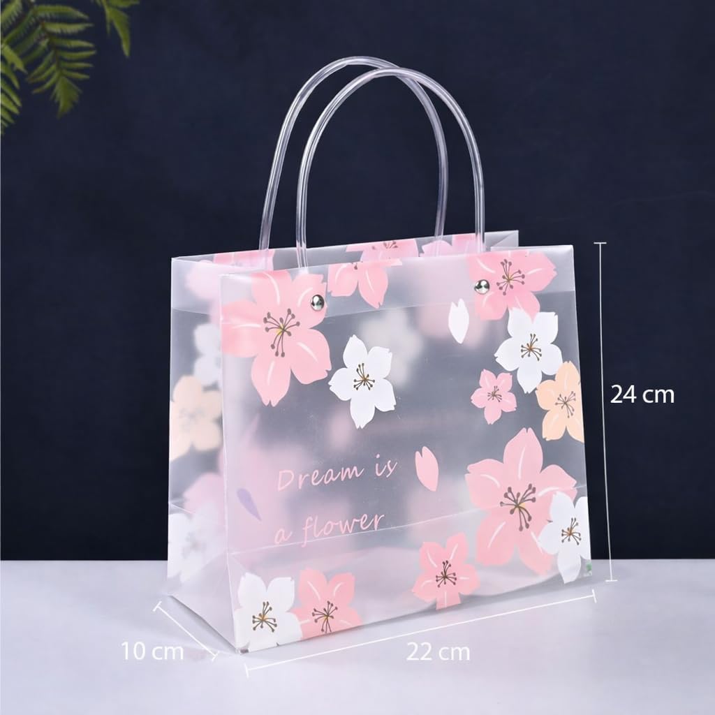 Purple Transparent Gift Bag with Floral Print    | Gift Bag for Her/Him,  hamper bag, Carry Bags, shopping gift bag, Presents, Packing, Wedding Return Gifts, Birthday, Events, Festivals (24 cm x 22 cm) - Image 3