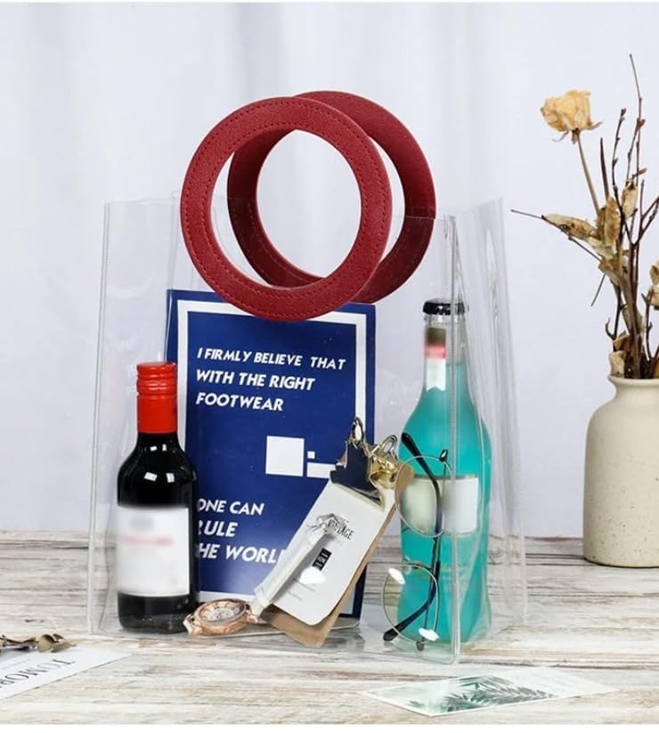 Small Transparent Bags with Circle Handle Gift Paper Bag, Carry Bags, Gift Bag, Gift for Birthday, Valentine, Marriage, Festivals, Season's Greetings and Events (Maroon) (Small)(18 x 9 x 20 cm)