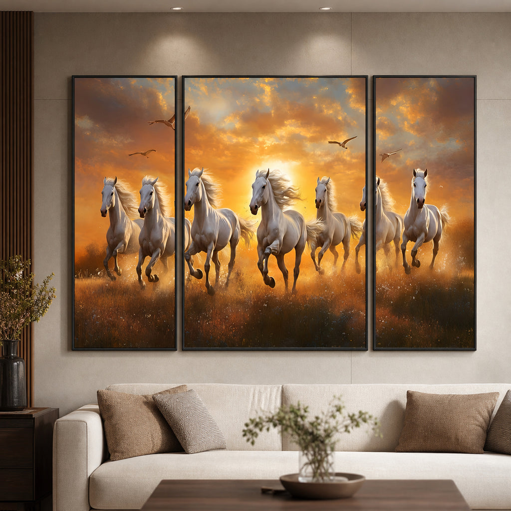 Horses Sunset 3 Panel Mdf Wall Frame Wall Art Painting 16.5x12in (1 Pc)