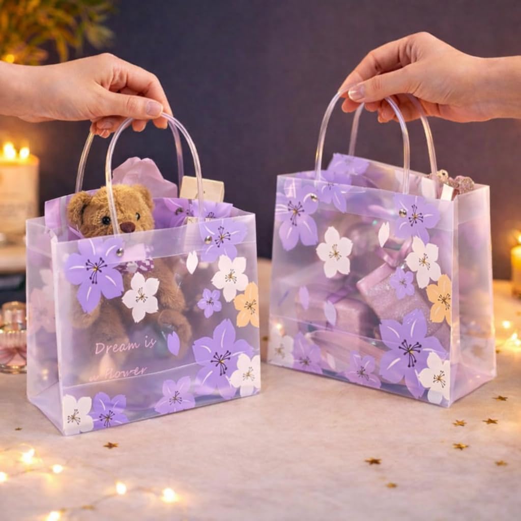 Purple Transparent Gift Bag with Floral Print    | Gift Bag for Her/Him,  hamper bag, Carry Bags, shopping gift bag, Presents, Packing, Wedding Return Gifts, Birthday, Events, Festivals (24 cm x 22 cm) - Image 8