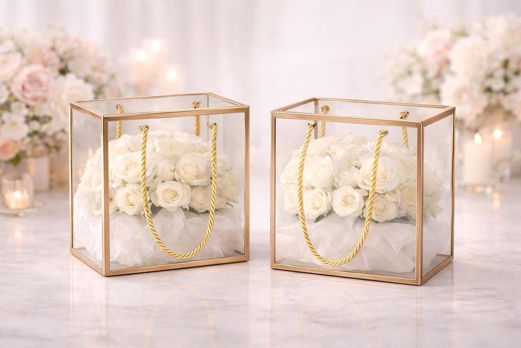Medium Square Trasparent Golden border Bag Goodie Bags Gift bag, gift For new year Gifting, marriage Return Gifts, Birthday, Wedding, Party, Season's Greeting (Golden) (20 x 9 x 20)cm - Image 1