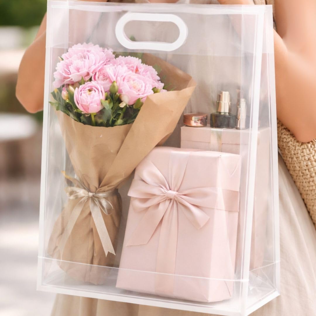 Medium size Translucent Goodie Bags with Handles - Clear Gift Bags, Hamper, Shopping, Wedding Return, Birthday, Festivals & Event Bags (WHITE BORDER) (35x24x10 cm) - Image 2