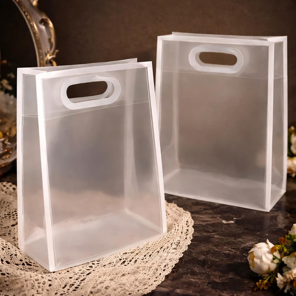 Medium size Translucent Goodie Bags with Handles - Clear Gift Bags, Hamper, Shopping, Wedding Return, Birthday, Festivals & Event Bags (WHITE BORDER) (35x24x10 cm) - Image 1