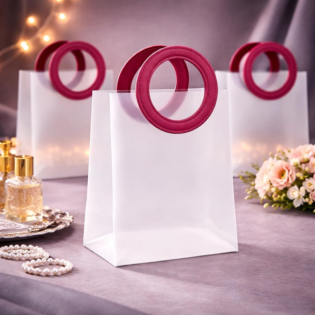 pack of 48pcs Translucent Bags Goodie Bags With Handle Gift bag, hamper bag, Carry Bags, shopping gift bag for Gifting, Presents, Packing, Return Gifts, Birthday, Events (Small)(16 X 6 X 18.5 CM) maroon