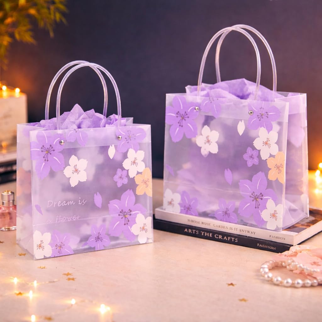 pack of 48 pcs Purple Transparent Gift Bag with Floral Print    | Gift Bag for Her/Him,  hamper bag, Carry Bags, shopping gift bag, Presents, Packing, Wedding Return Gifts, Birthday, Events, Festivals (24 cm x 22 cm)