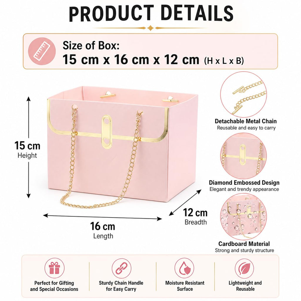 Luxury Chain Handle Gift Bag | Premium Wedding Return Gift Bag | Foldable Paper Gift Bag for Hampers & Gifting (Black, Red, Pink, White) - Image 10