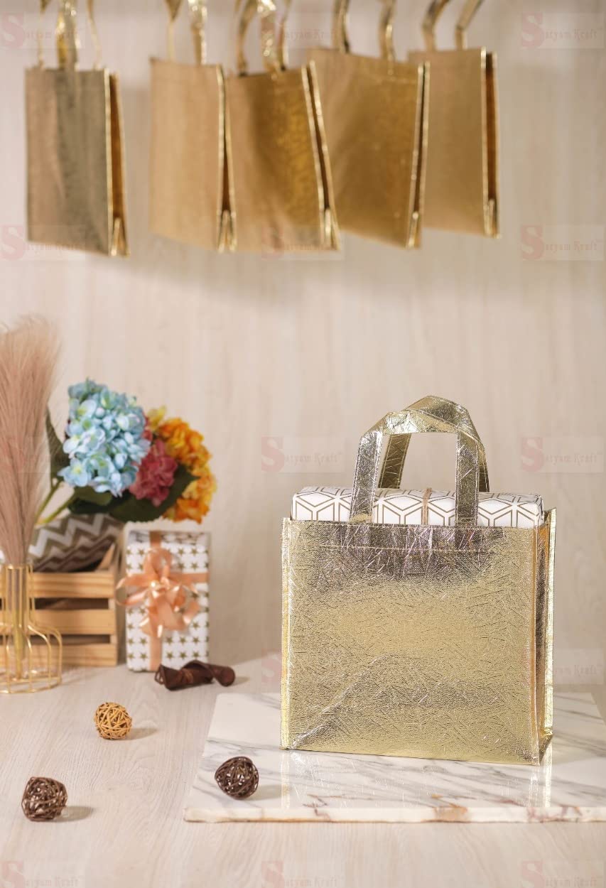 Small Size Non Woven Fabric Bag With Handle 28 x 25 cm Gift Paper bag, Carry Bags, gift bag, gift for Birthday, gift for Festivals, Season's Greetings and other Events(Gold)(Pack of 12) - Image 3