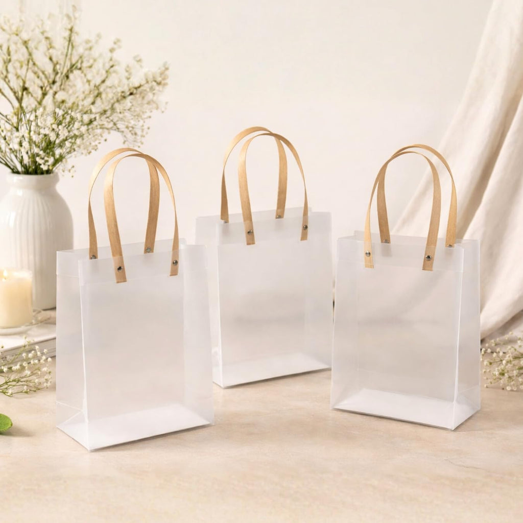 pack of 48 pcs Small size (19.5 X 8.5 X 14.5 CM )Translucent Bags Goodie Bags With Handle Gift bag, hamper bag, Carry Bags, shopping gift bag, gift for Gifting, Presents, Return Gifts, Birthday, Party, Festivals