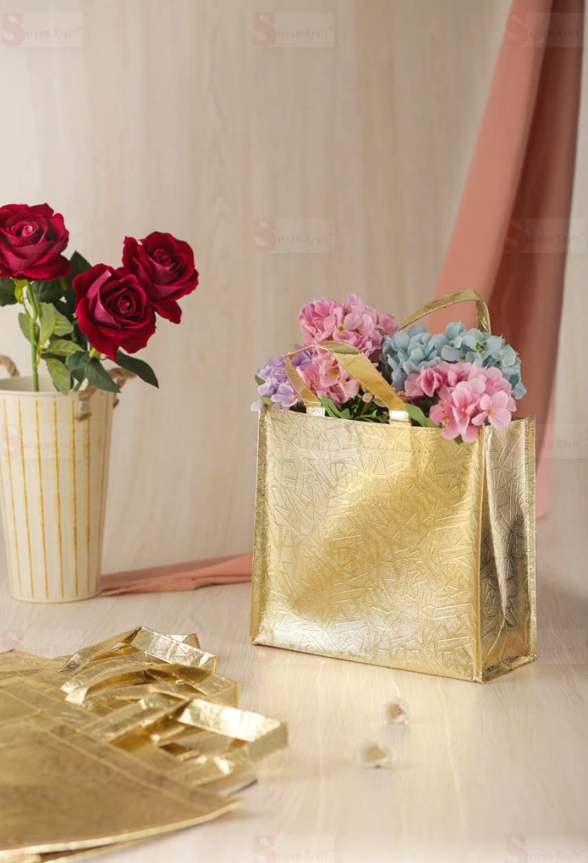 Small Size Non Woven Fabric Bag With Handle 28 x 25 cm Gift Paper bag, Carry Bags, gift bag, gift for Birthday, gift for Festivals, Season's Greetings and other Events(Gold)(Pack of 12) - Image 4