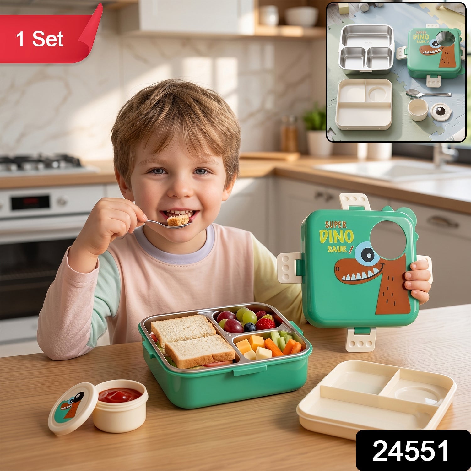 Steel Kids Dinosaur Lunch Box Bento Tiffin With Steel Tray Spoon Sauce Cup (1 Set)