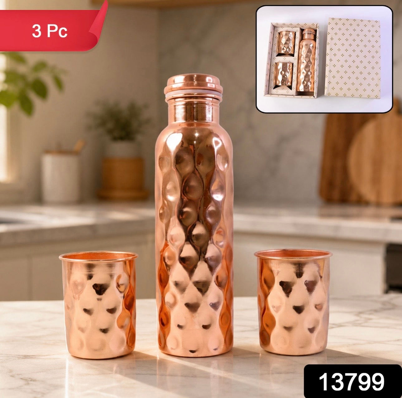 Diamond Cut Copper Water Bottle 2 Glasses With Gift Box (3 Pcs Set)