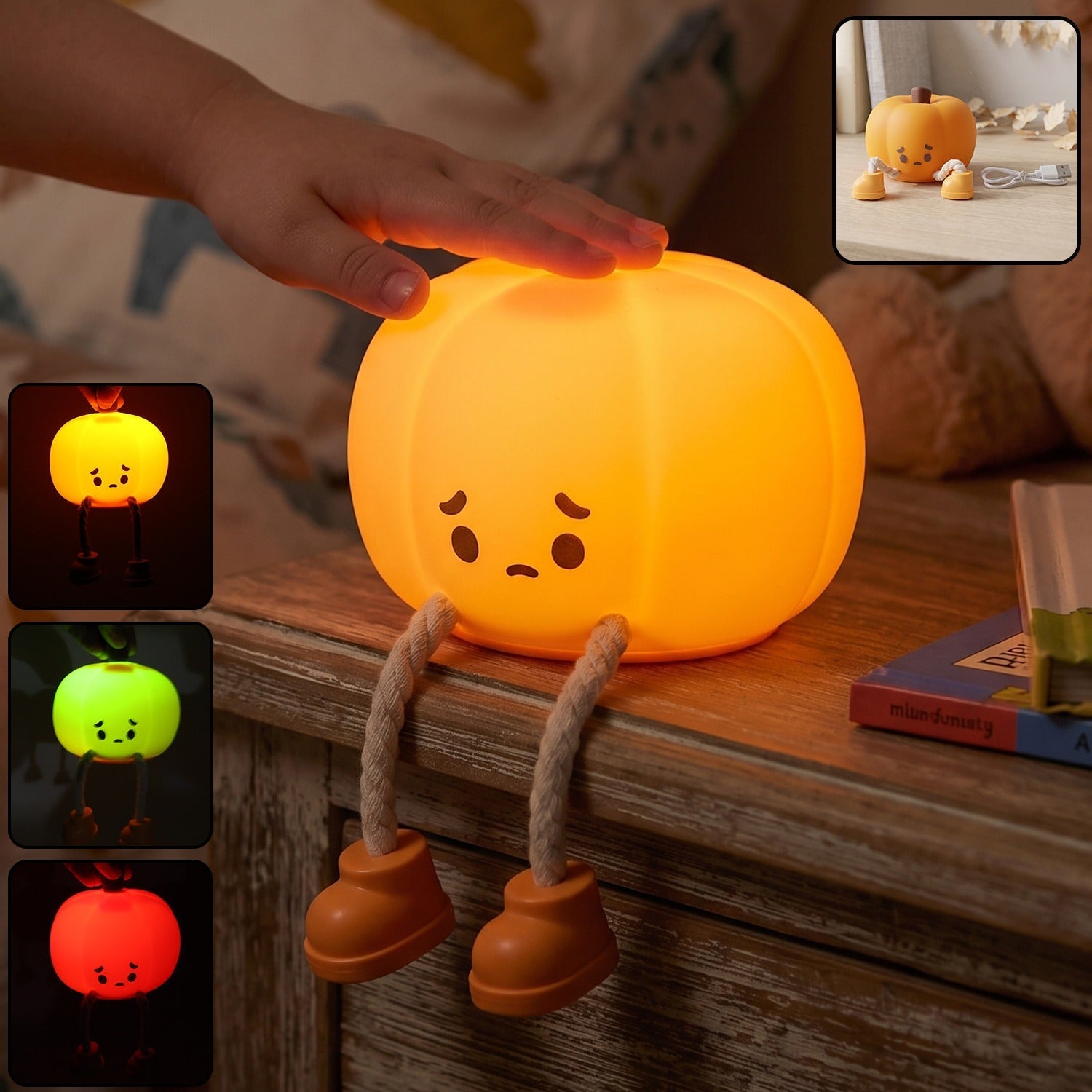 USB rechargeable pumpkin night light, soft silicone, warm glow, kids room decor. Image 1 of 9.