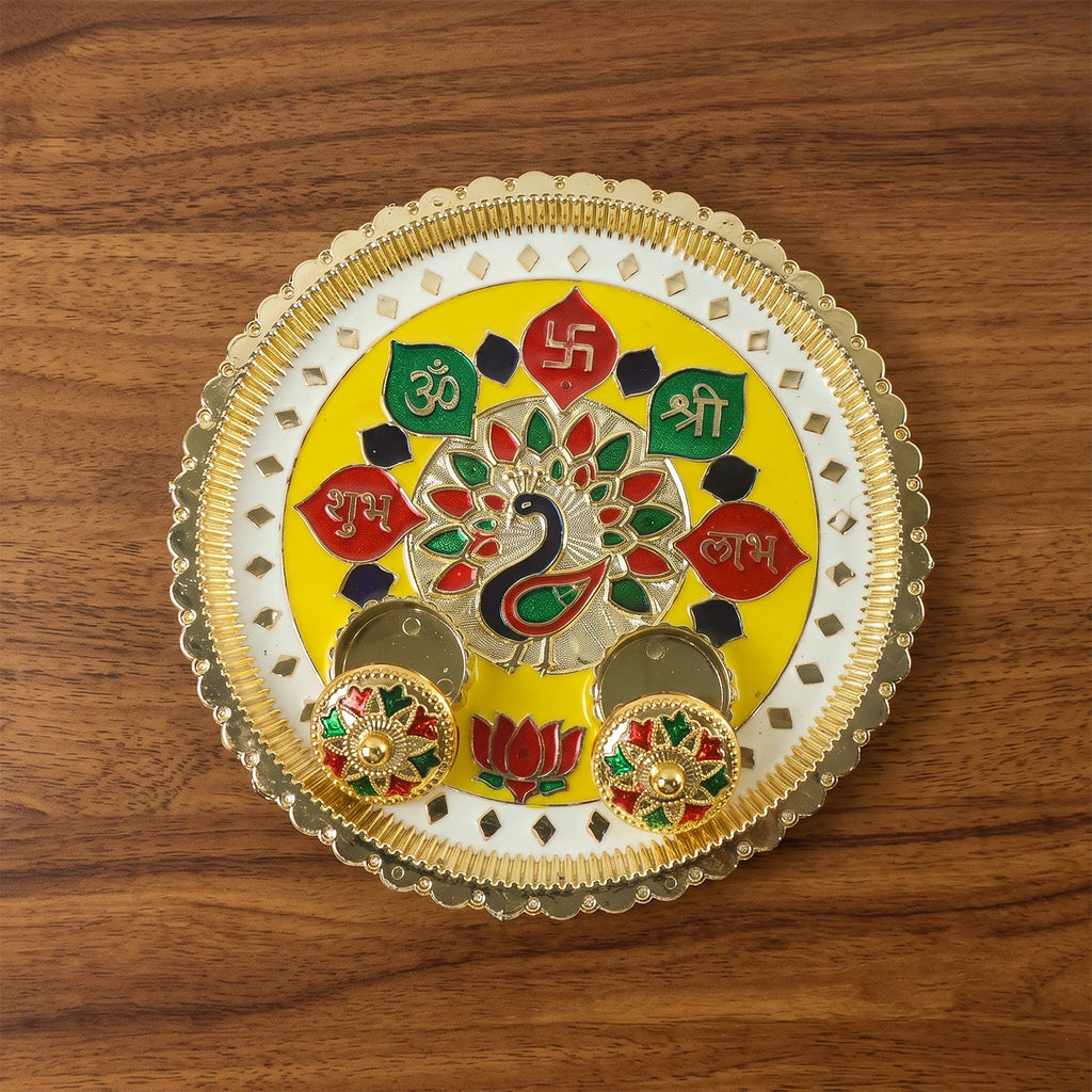 Big Decorative Pooja Thali Golden Meenakari Puja Plate With Kumkum Bowls (1 Pc)