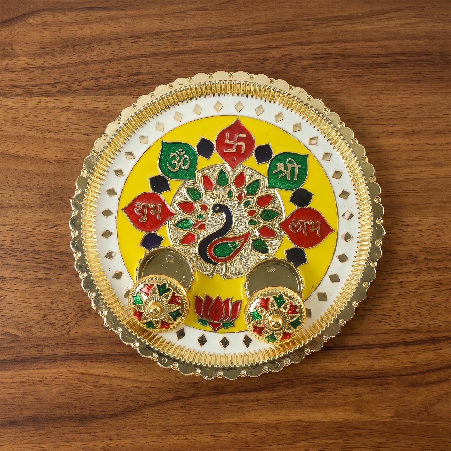 Big Decorative Pooja Thali Golden Meenakari Puja Plate With Kumkum Bowls (1 Pc)