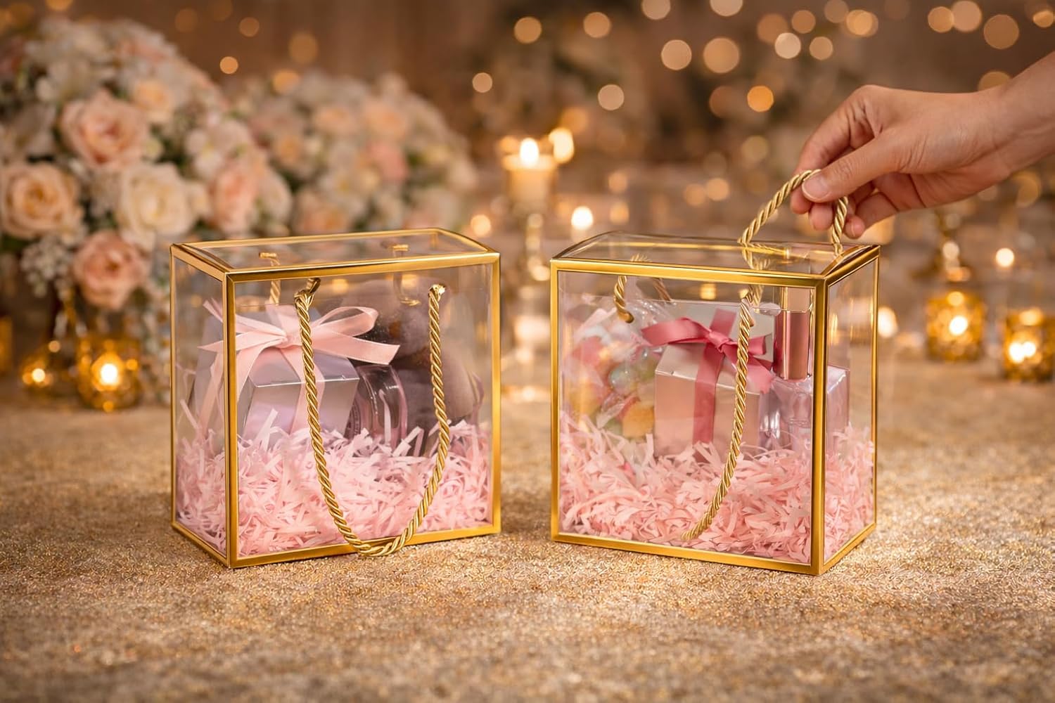 Square Shape Small Size Golden Border Trasparent Bag Goodie Bags Gift bag, gift For new year Gifting, marriage Return Gifts, Birthday, Wedding, Party, Season's Greetings (Golden)(Small)(12 x 12 x 12)cm - Image 8