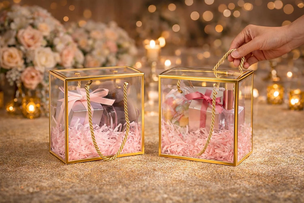 pack of 48 pcs Square Shape Small Size Golden Border Trasparent Bag Goodie Bags Gift bag, gift For new year Gifting, marriage Return Gifts, Birthday, Wedding, Party, Season's Greetings (Golden)(Small)(12 x 12 x 12)cm