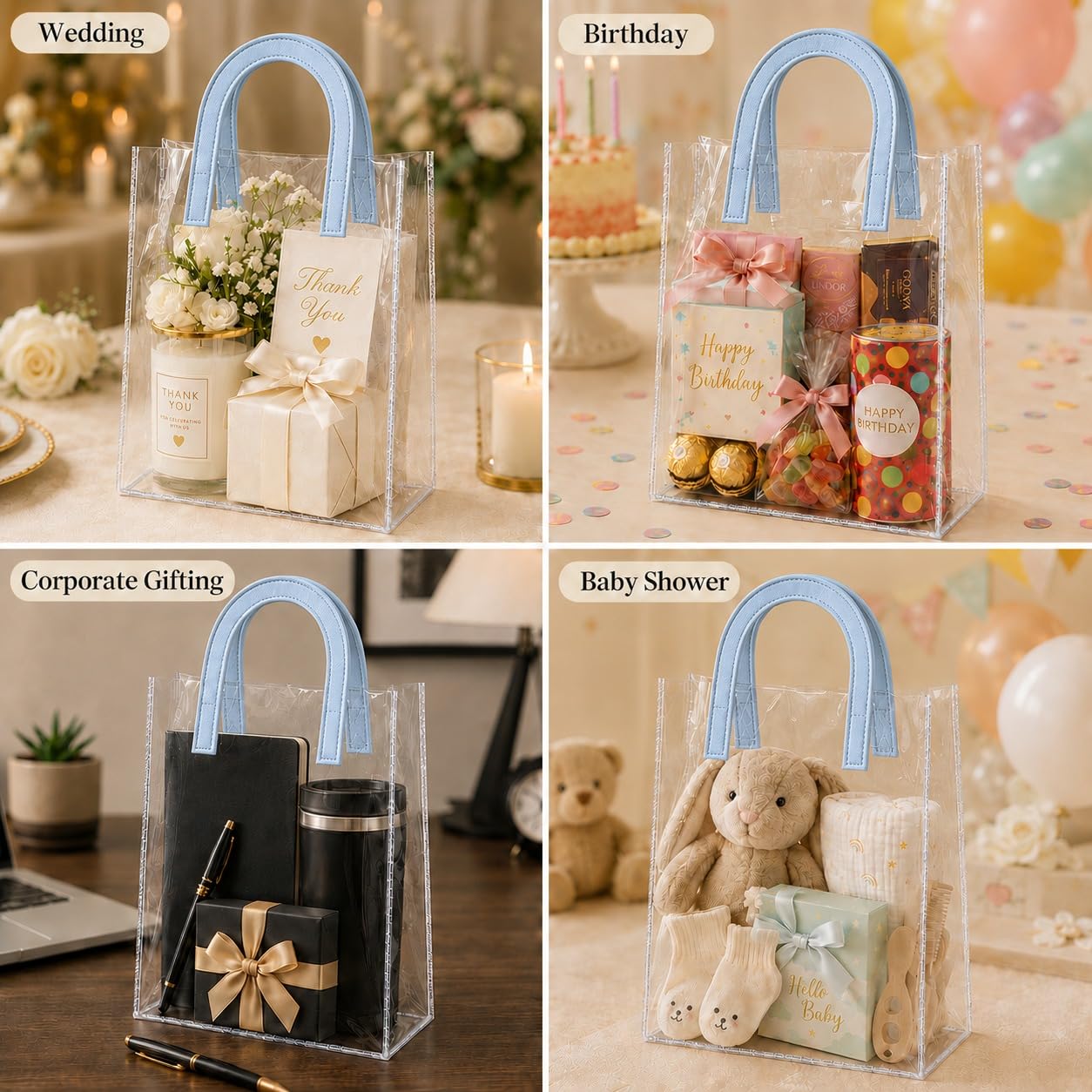 LARGE Transparent PVC Gift Bag with Handle |9.5x10.5x6 inch Premium Carry Bag for Hampers, Gifting & Packaging | Available in White, Maroon, Orange & Blue - Image 6