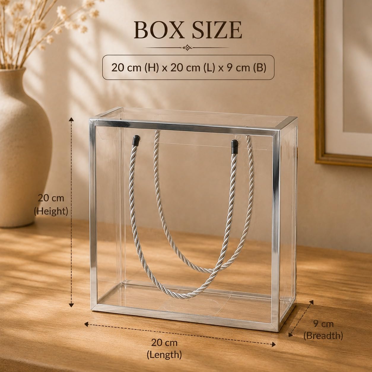 Clear Transparent Gift Box with Frame and Rope Handle for Hampers, Wedding Gifts, Return Gifts, Chocolates, Dry Fruits, Cosmetics, Baby Shower, Festive Gifting & Premium Gift Packaging (20 cm x 21 cm x 9 cm) - Image 2