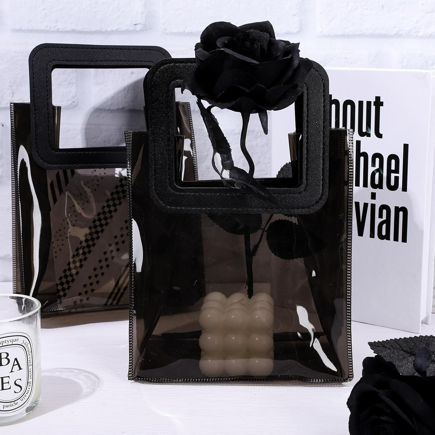 Transparent Gift Bag with Square Handle | Gift Bag for Her / Him,Handle hamper bag, Carry Bags, shopping gift bag, Presents, Packing, Wedding Return Gifts, Birthday, Events, Festivals (Black, 18 x 20 cm) - Image 6