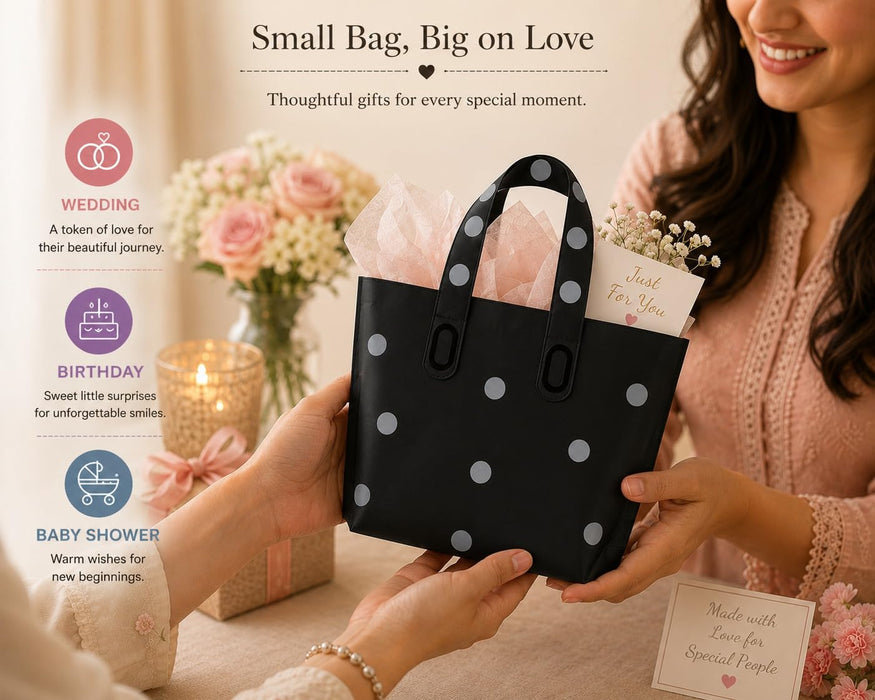 pack of 25pcs Polka Dot Plastic Frosted Gift Bag – Reusable Carry Bag for Gifts, Hampers & Return Favors