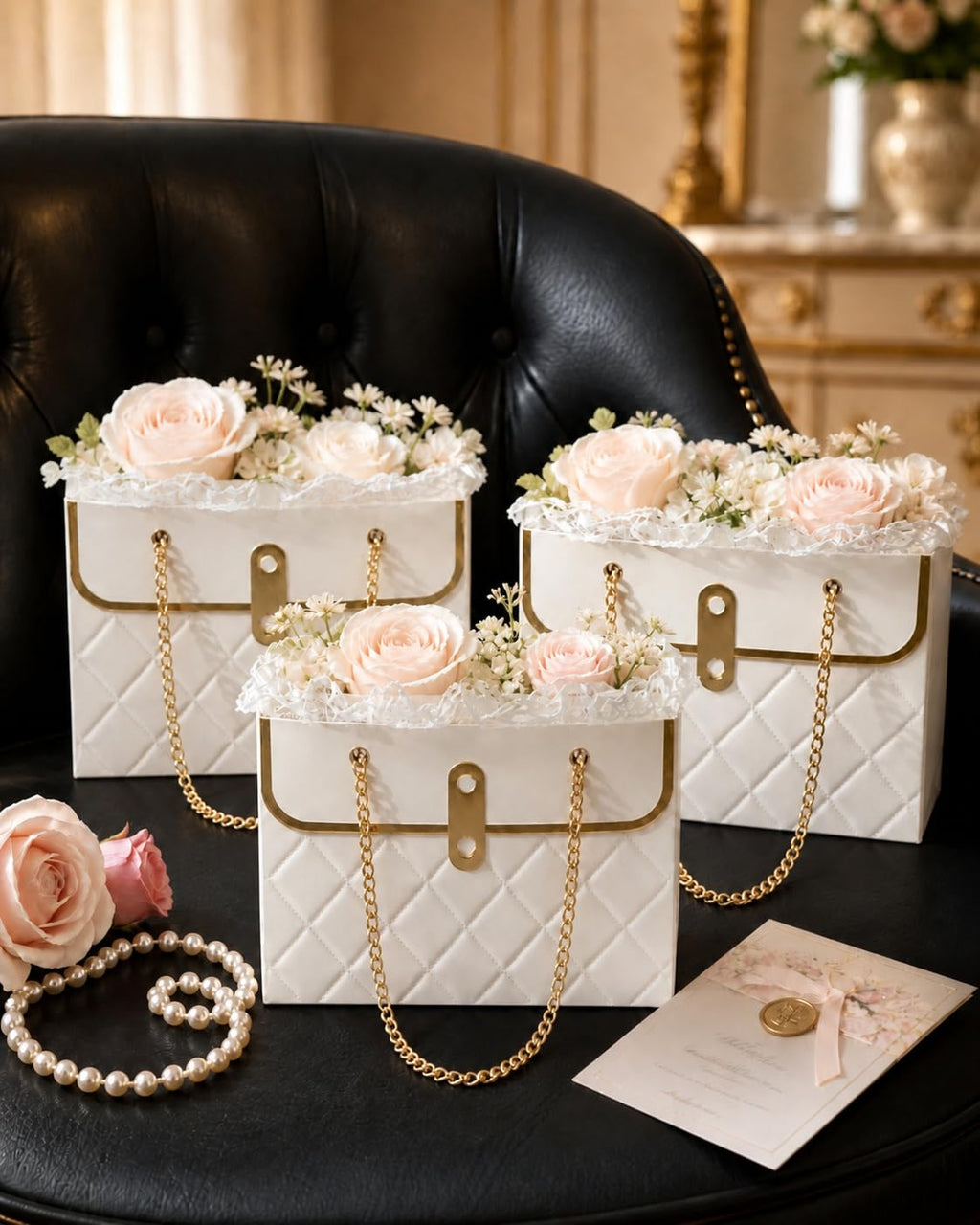 Luxury Chain Handle Gift Bag | Premium Wedding Return Gift Bag | Foldable Paper Gift Bag for Hampers & Gifting (Black, Red, Pink, White) - Image 1