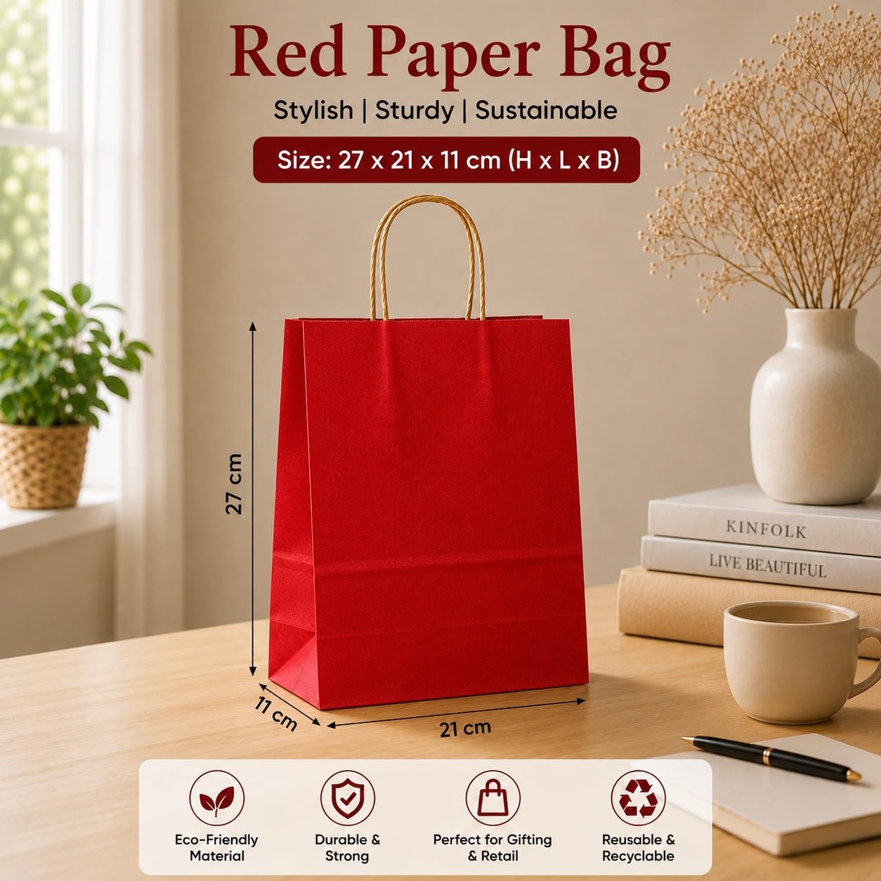 Premium Paper Gift Bag with Handle | Return Gift, Shopping & Packaging Bag | Available in Red, White, Black, Green & Brown - Image 16