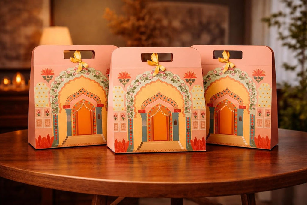 pack of 40pcs Affordable Peach Rajwadi Hamper Multipurpose Decorative Folding Paper Cardboard Box DIY Box for Gift Hamper, Diwali Gifting, Wedding gifting (Big)