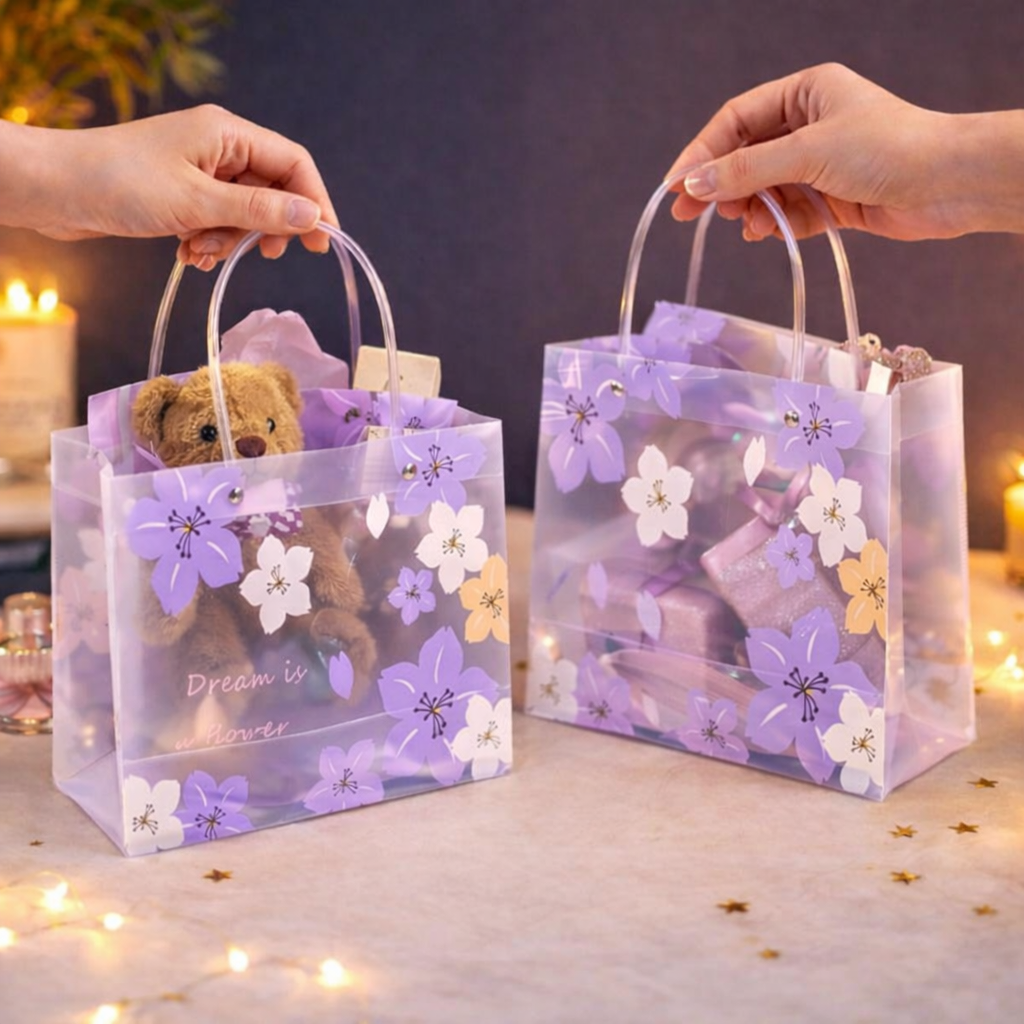 pack of 48 pcs Purple Transparent Gift Bag with Floral Print    | Gift Bag for Her/Him,  hamper bag, Carry Bags, shopping gift bag, Presents, Packing, Wedding Return Gifts, Birthday, Events, Festivals (24 cm x 22 cm)