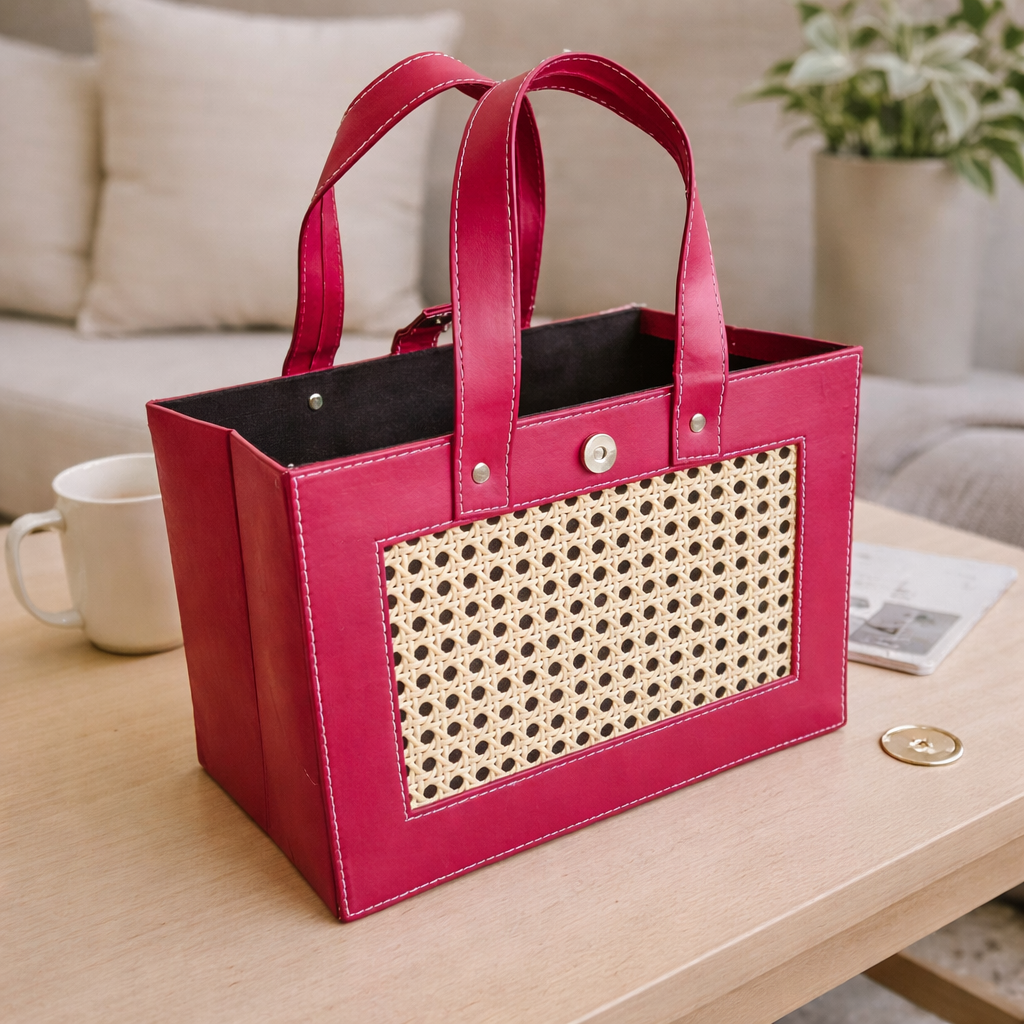 Premium Handcrafted  Purse /Leather Storage Basket with Handle — Multipurpose Organizer for Gifts, Gifting Hampers, Home Décor, Office Storage (12.5 x 7 x 8.5 Inch) (Maroon) - Image 1