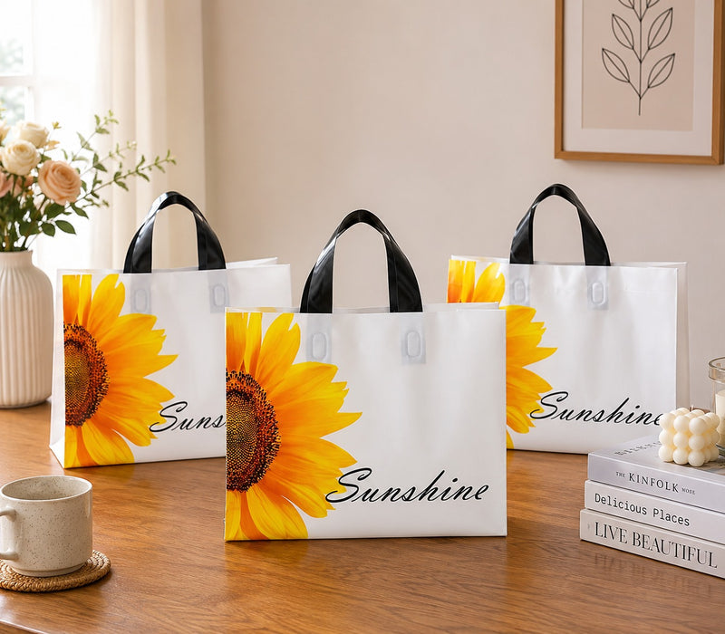 pack of 50pcs Premium Printed Frosted Plastic Gift Tote Bags | Reusable Carry Bags for Return Gifts, Hampers & Party Packaging (5 Designs Available)