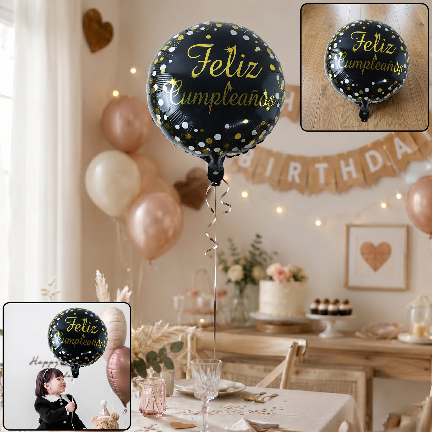 Black Round Feliz Cumpleanos Foil Balloon For Birthday Decor (1 Pc)
