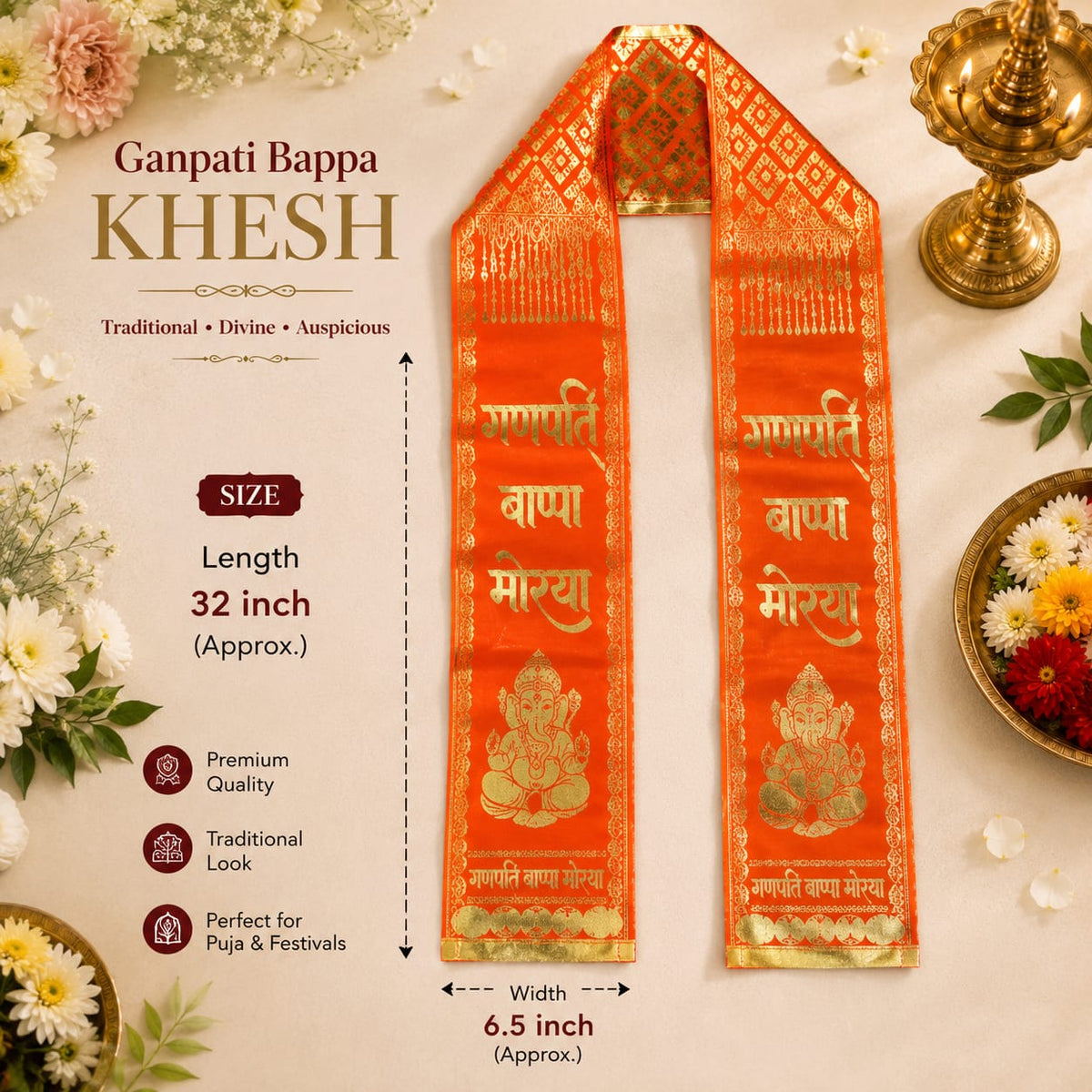 Ganpati Bappa Morya Khes  | Devotional Printed Puja Stole | 66 × 6 Inch | Ganesh Festival, Visarjan, Bhajan - Image 3