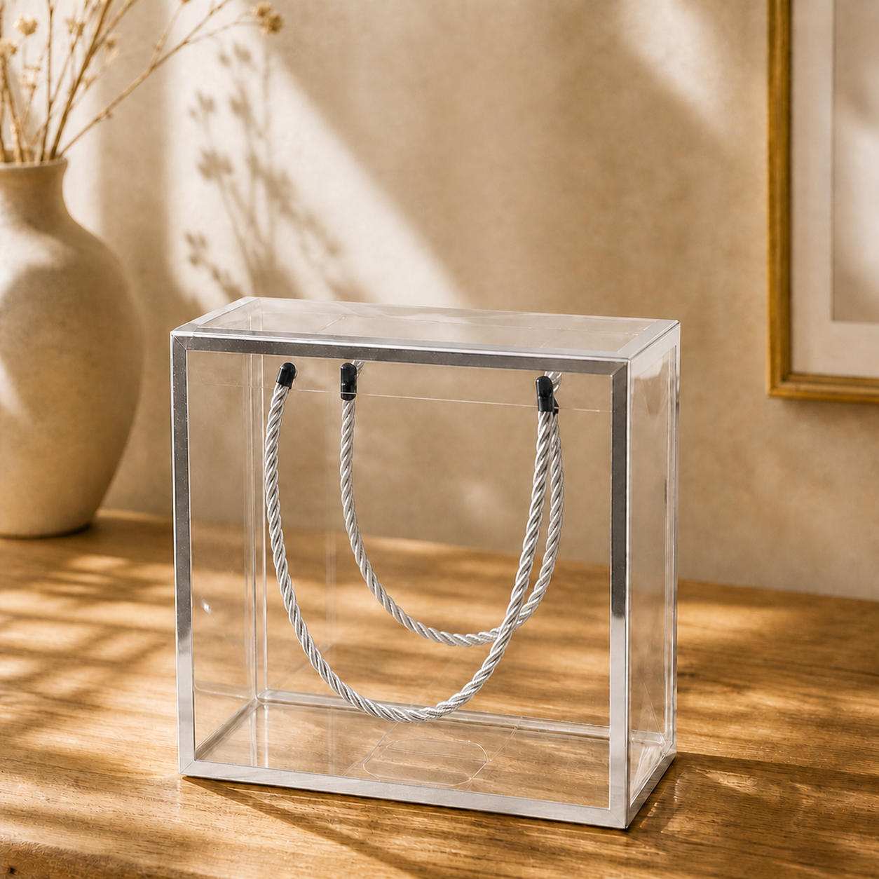 Clear Transparent Gift Box with Frame and Rope Handle for Hampers, Wedding Gifts, Return Gifts, Chocolates, Dry Fruits, Cosmetics, Baby Shower, Festive Gifting & Premium Gift Packaging (20 cm x 21 cm x 9 cm) - Image 3