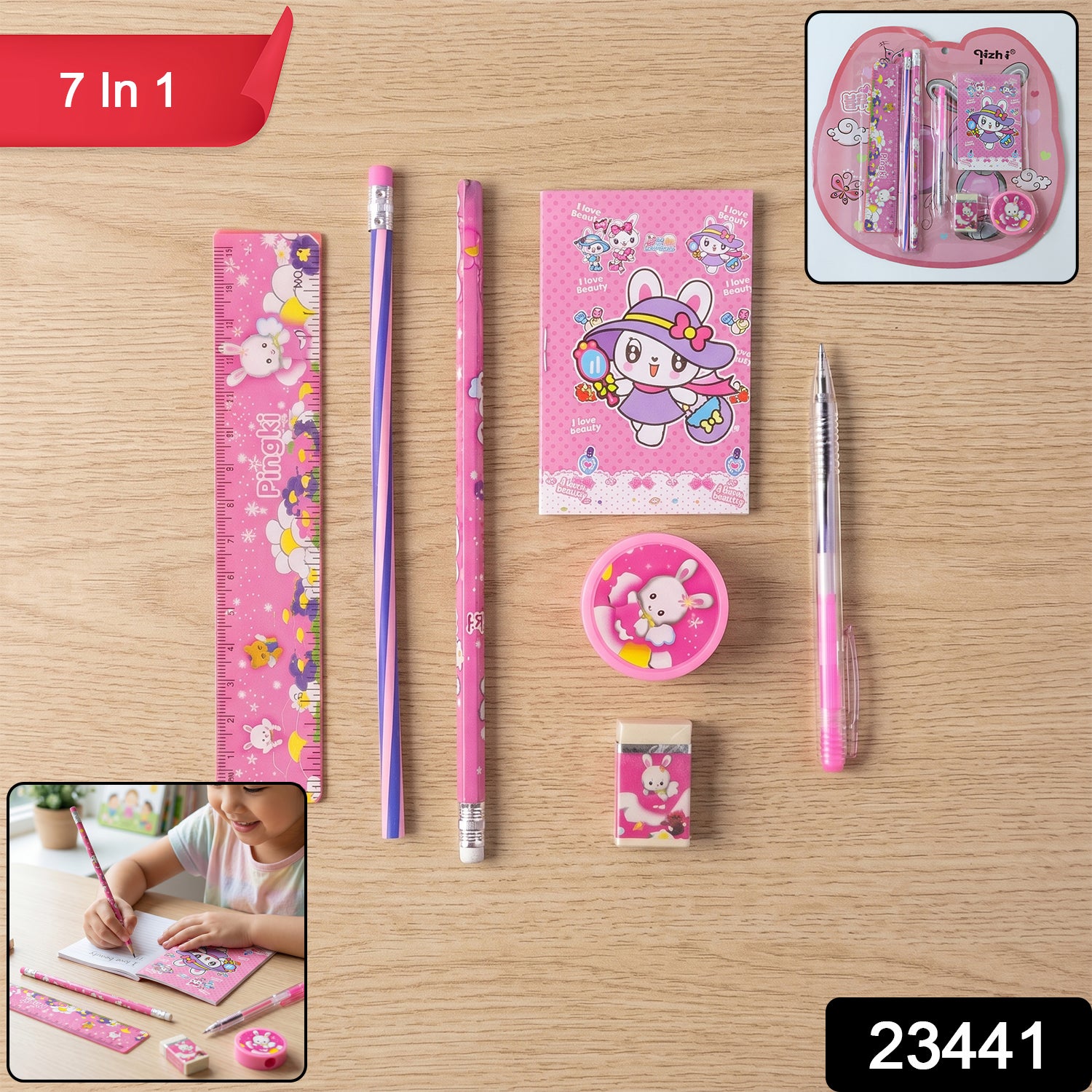 7-in-1 Cute Pink Stationery Set With Ruler Pencil Eraser Pen Notebook Sharpener