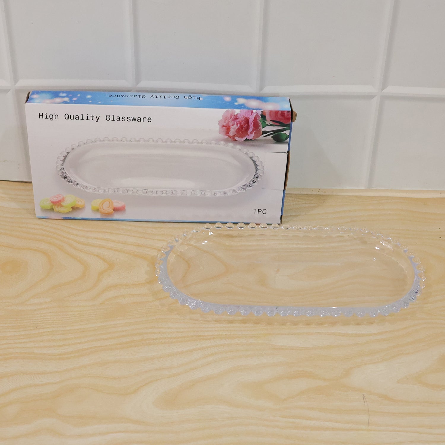 Transparent Glass Serving Tray 9 Inch Oval Beaded Edge Platter For Snacks (1 Pc)