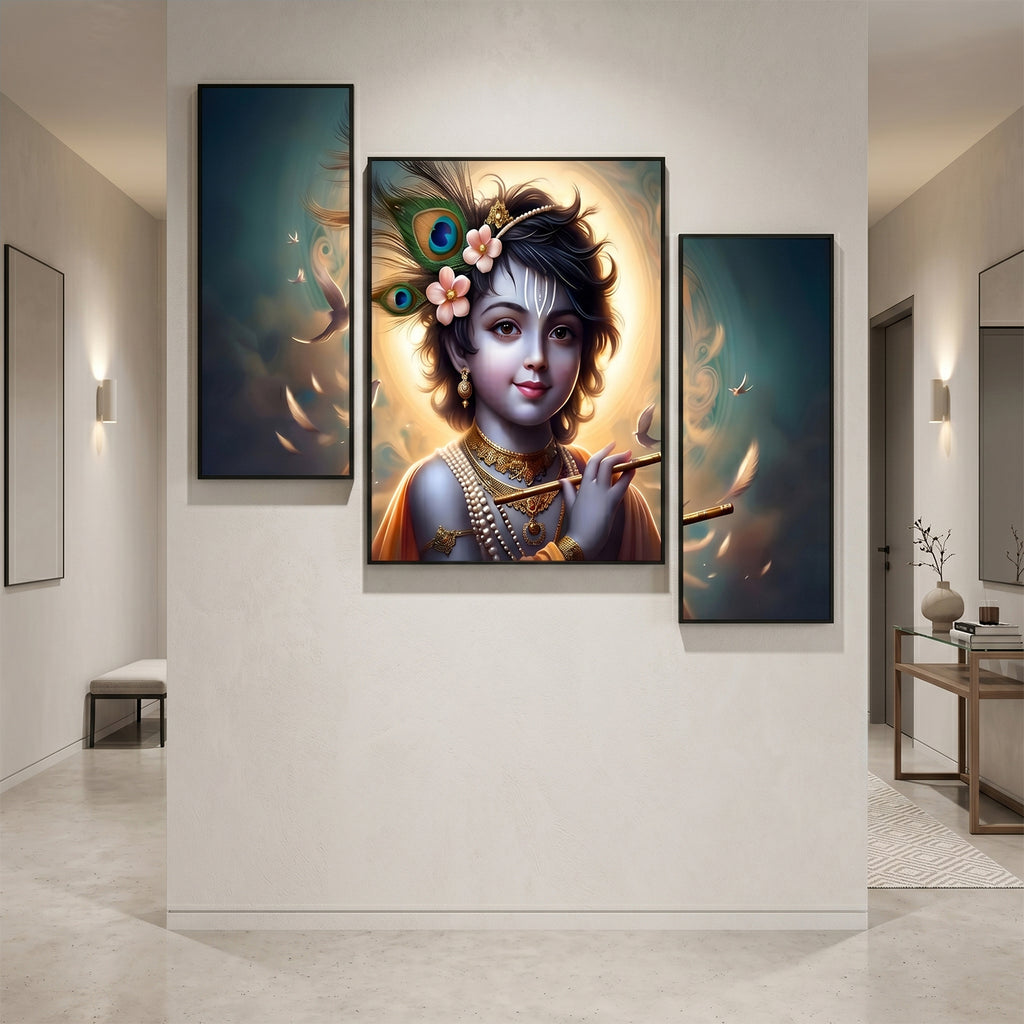 Krishna N Flute 3 Panel Mdf Wall Frame Wall Art Painting 16.5x12in (1 Pc)