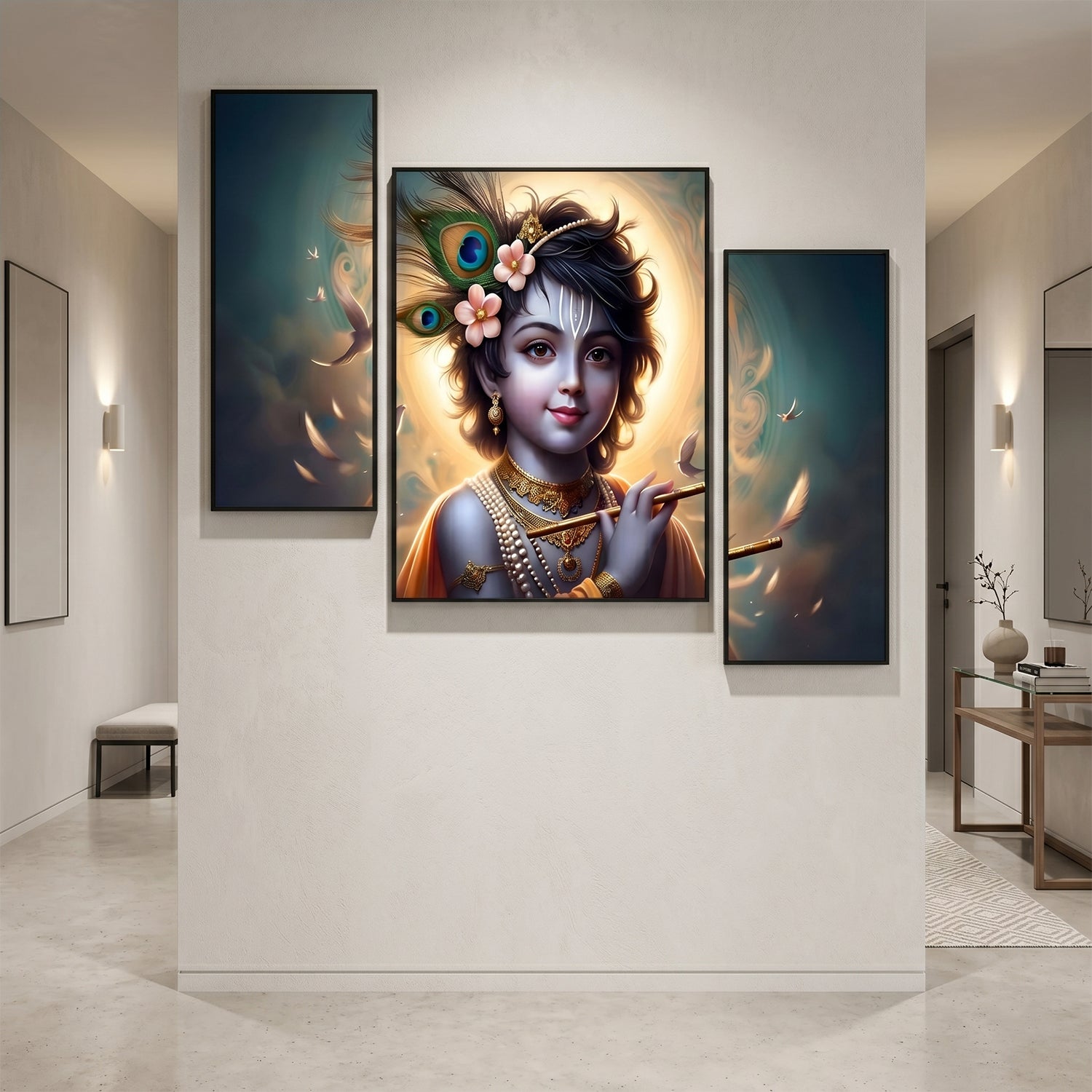 Krishna N Flute 3 Panel Mdf Wall Frame Wall Art Painting 16.5x12in (1 Pc)