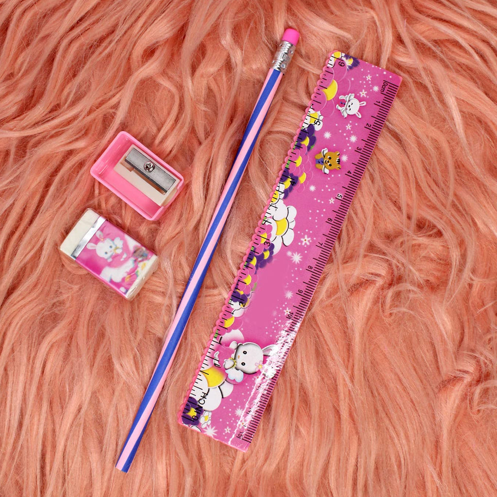 4-in-1 Cute Pink Stationery Set With Ruler Pencil Eraser  Sharpener