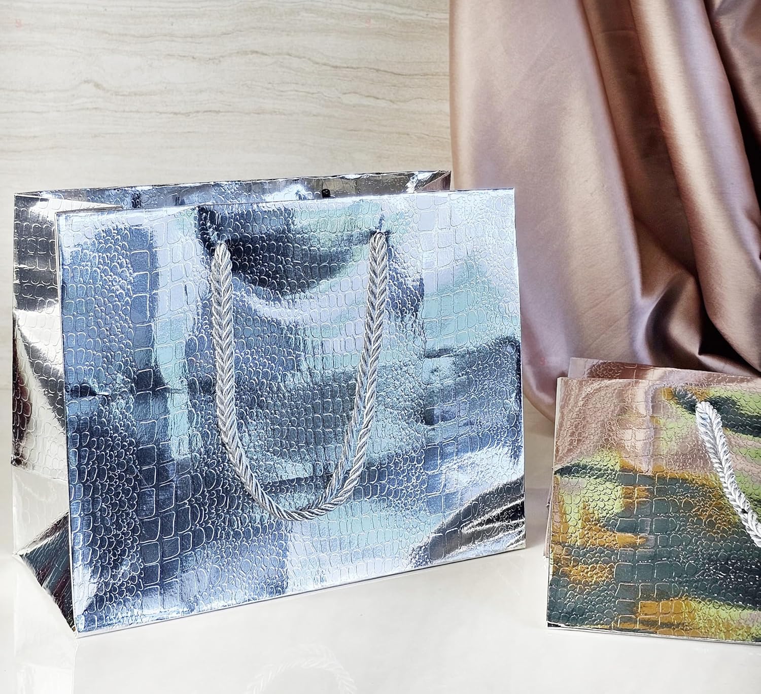 Big Size Shiny Paper Bag Gift Bags with Handle Gift Paper bag, gift For Gifting, marriage, Return Gifts, Birthday, Wedding, Party, Season's Greetings (Big, Silver) - Image 5