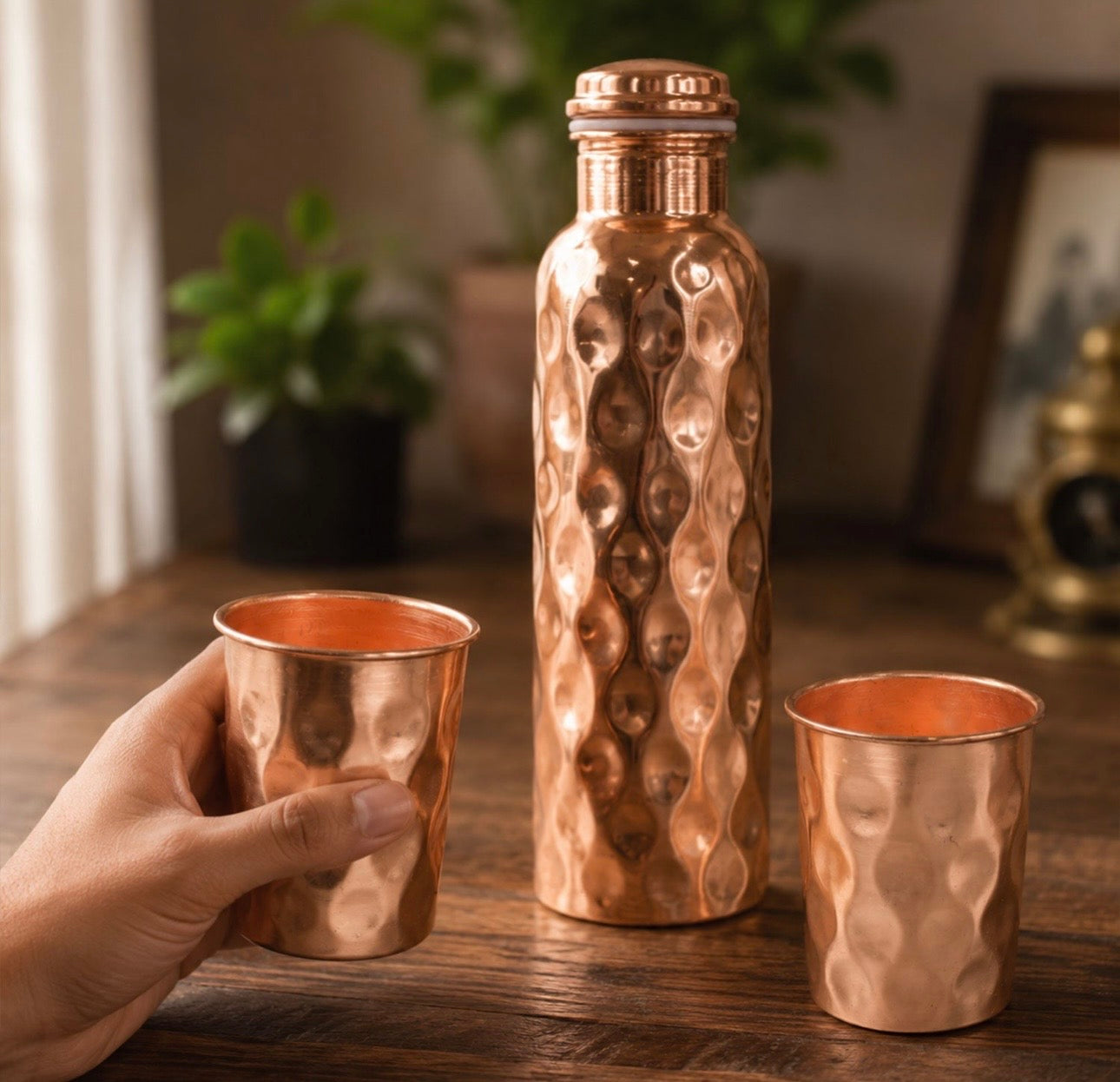 Diamond Cut Copper Water Bottle 2 Glasses With Gift Box (3 Pcs Set)