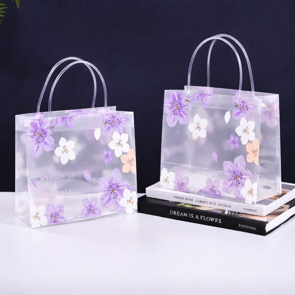 Purple Transparent Gift Bag with Floral Print    | Gift Bag for Her/Him,  hamper bag, Carry Bags, shopping gift bag, Presents, Packing, Wedding Return Gifts, Birthday, Events, Festivals (24 cm x 22 cm) - Image 2