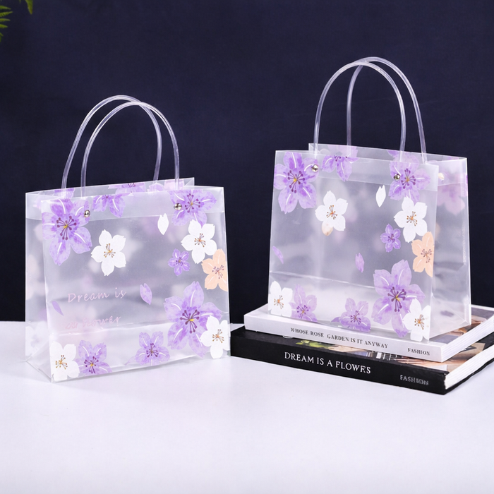 pack of 48 pcs Purple Transparent Gift Bag with Floral Print    | Gift Bag for Her/Him,  hamper bag, Carry Bags, shopping gift bag, Presents, Packing, Wedding Return Gifts, Birthday, Events, Festivals (24 cm x 22 cm)