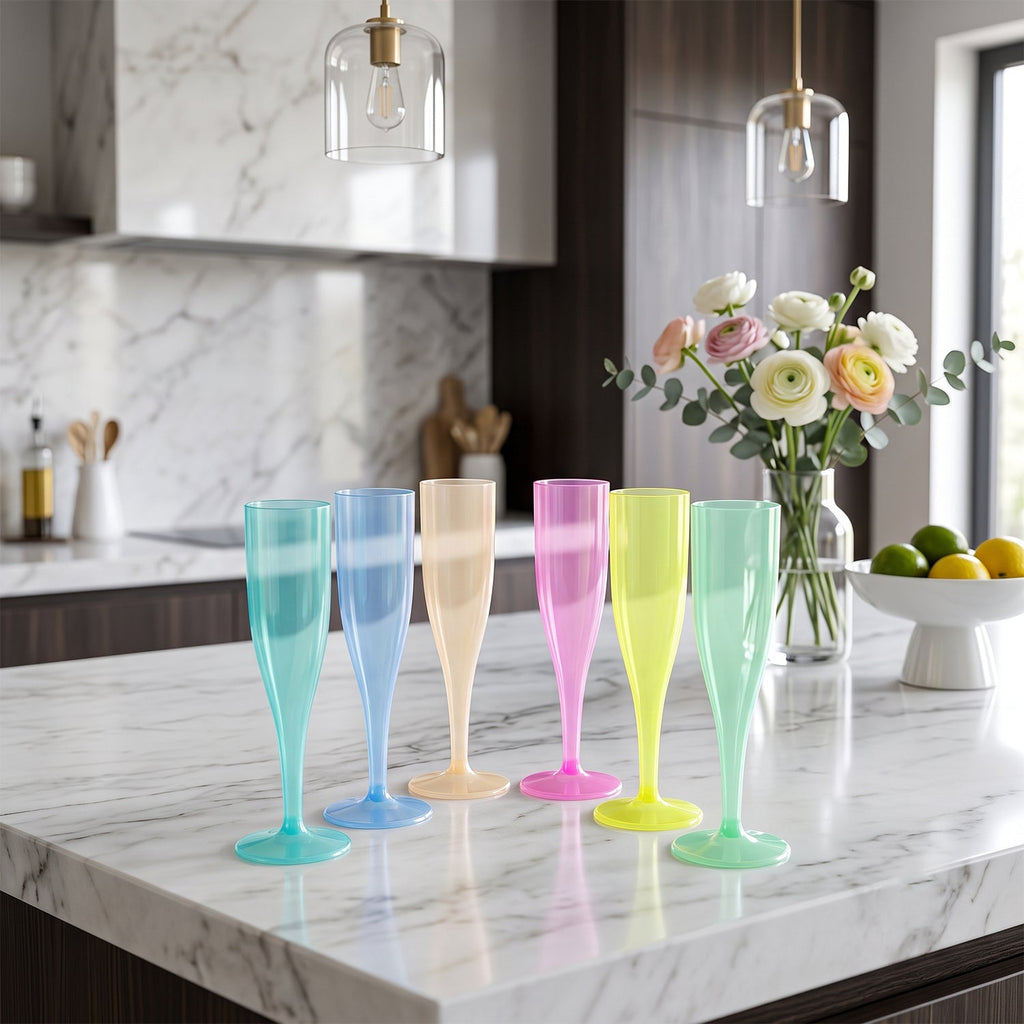 Reusable Plastic Champagne Flutes Wine Glasses Set Assorted Colours (6 Pc Set)