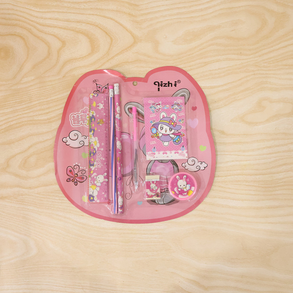 7-in-1 Cute Pink Stationery Set With Ruler Pencil Eraser Pen Notebook Sharpener