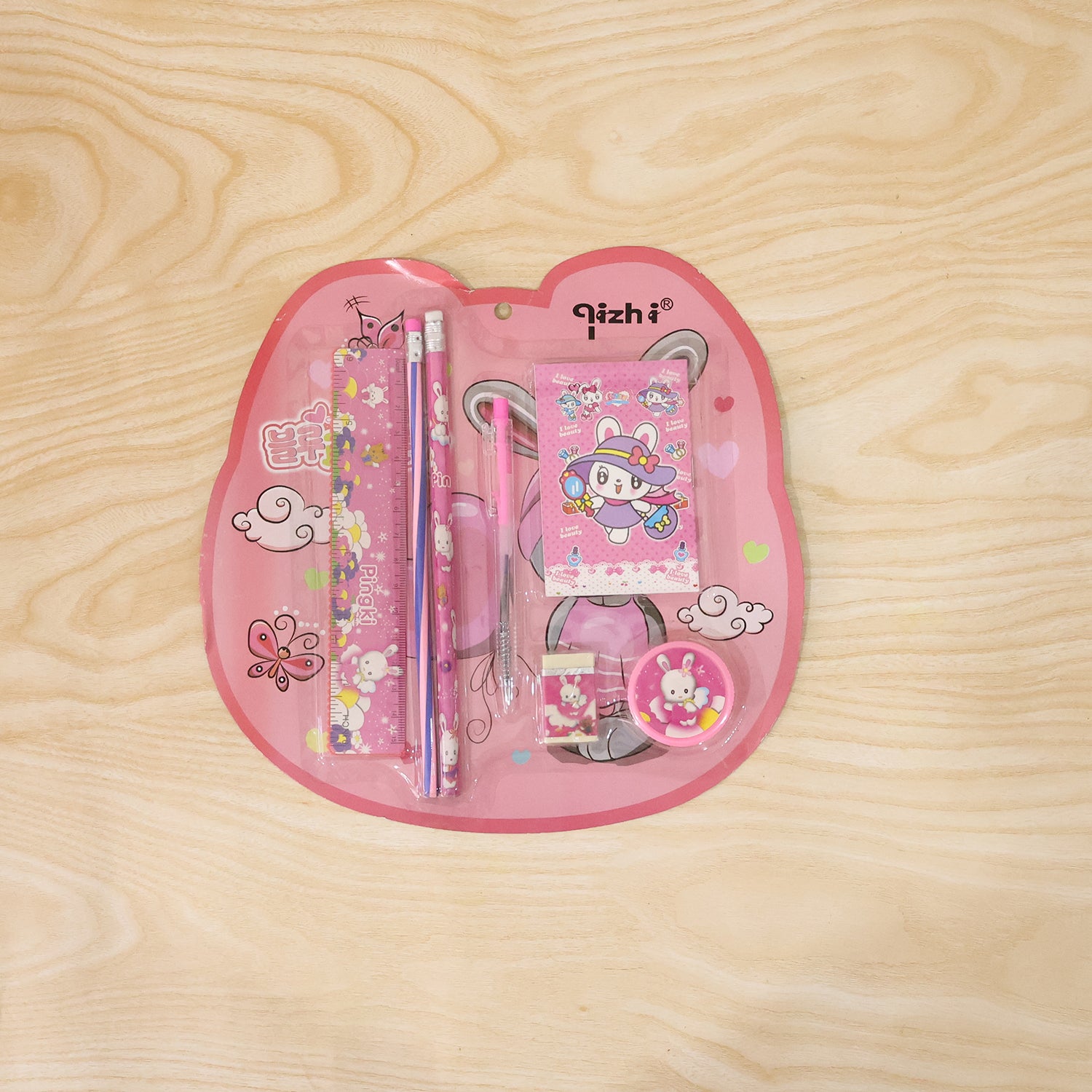 7-in-1 Cute Pink Stationery Set With Ruler Pencil Eraser Pen Notebook Sharpener
