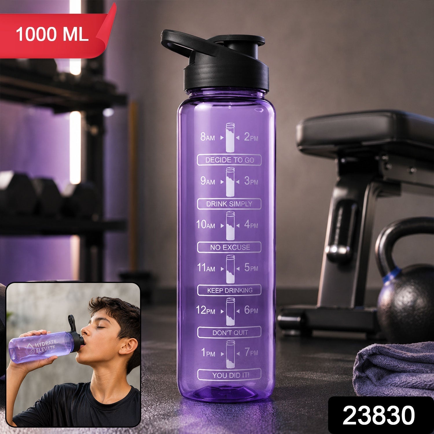 Plastic Motivational Water Bottle With Time Marker And Flip Lid (1000 Ml)
