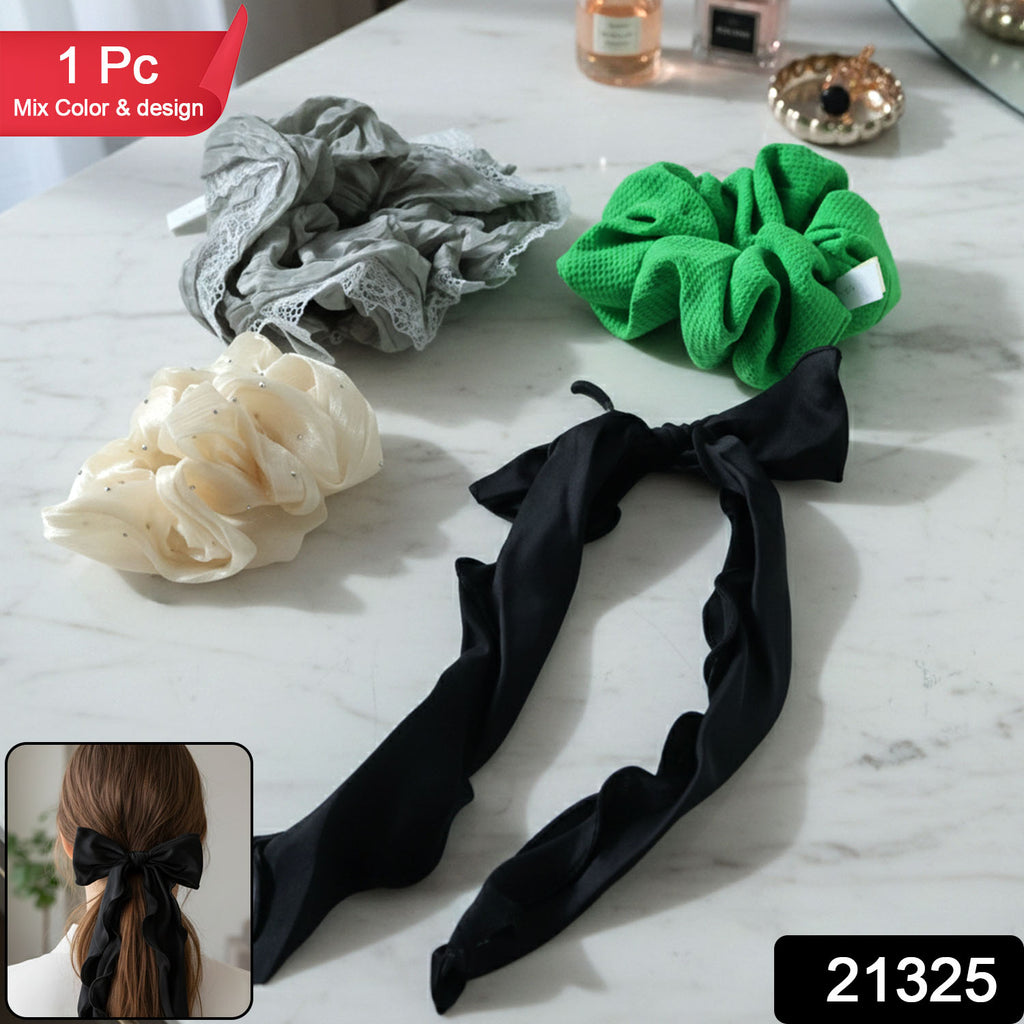 Stylish Fabric Hair Scrunchie With Bow Tie Design(1 Pc Mix Color  Design)