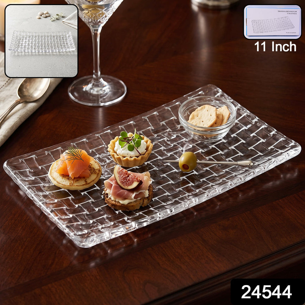 Transparent Glass Serving Tray 11 Inch Rectangular Basketweave Platter (1 Pc)