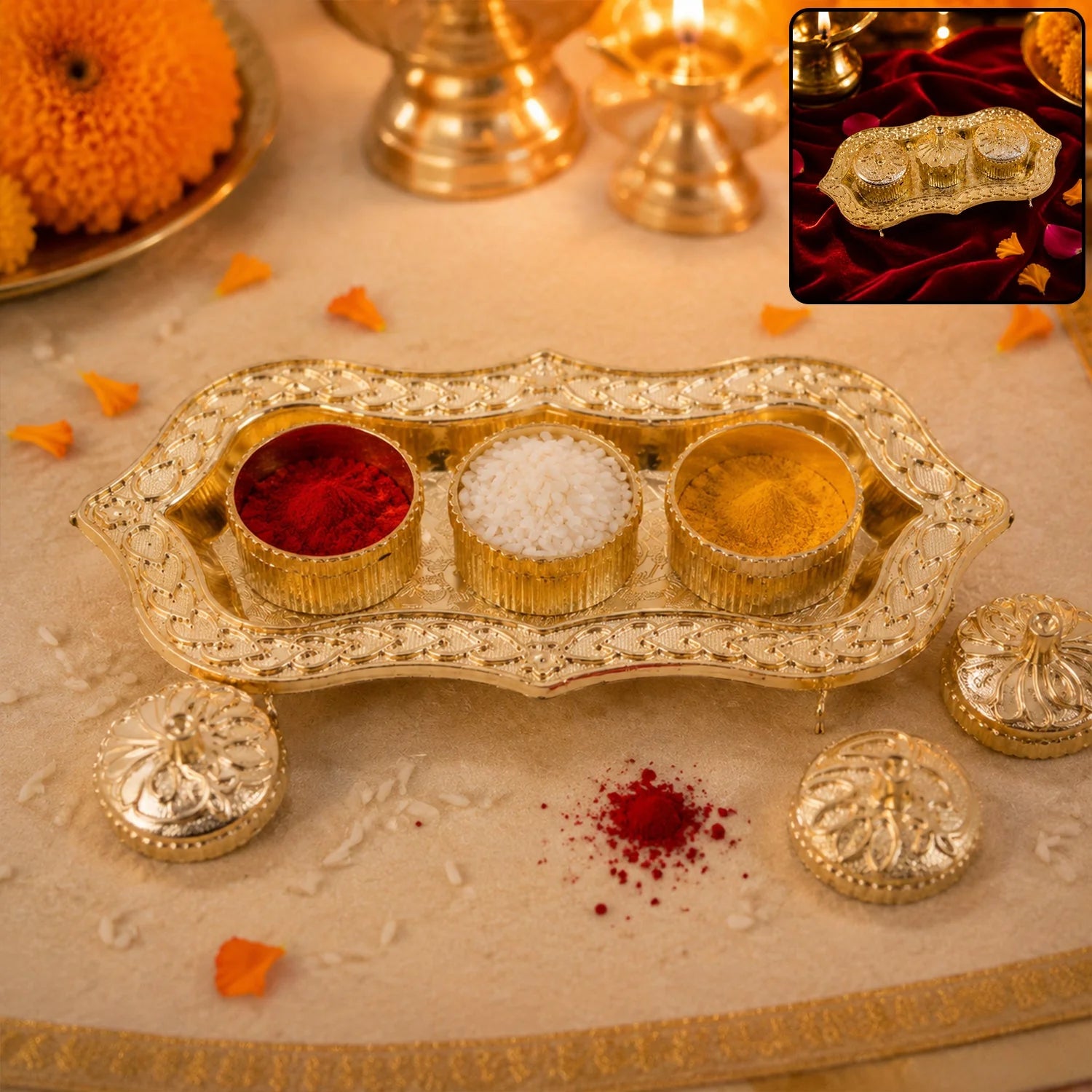 Triveni Kankavati Kumkum Holder With 3 Compartments For Puja And Tilak (1 Pc)